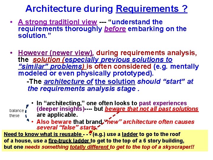 Architecture during Requirements ? • A strong traditionl view --- “understand the requirements thoroughly