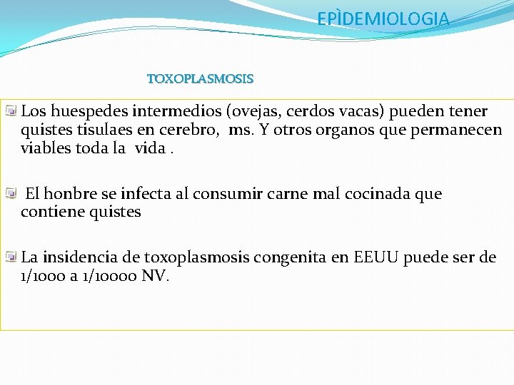 EPÌDEMIOLOGIA TOXOPLASMOSIS Los huespedes intermedios (ovejas, cerdos vacas) pueden tener quistes tisulaes en cerebro,