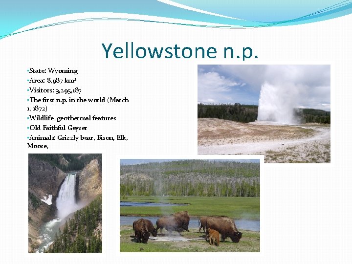 Yellowstone n. p. • State: Wyoming • Area: 8, 987 km 2 • Visitors: