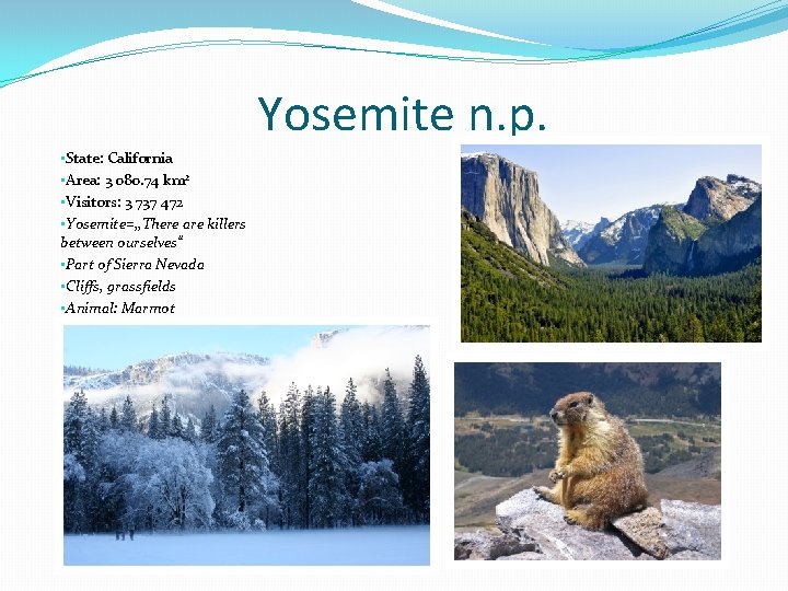 Yosemite n. p. • State: California • Area: 3 080. 74 km 2 •