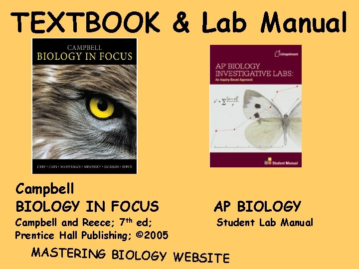 TEXTBOOK & Lab Manual Campbell BIOLOGY IN FOCUS Campbell and Reece; 7 th ed;