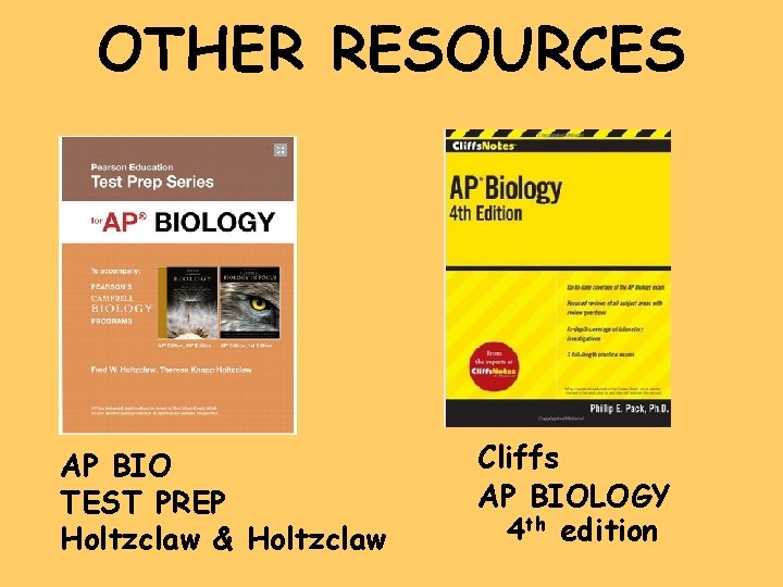 OTHER RESOURCES AP BIO TEST PREP Holtzclaw & Holtzclaw Cliffs AP BIOLOGY 4 th