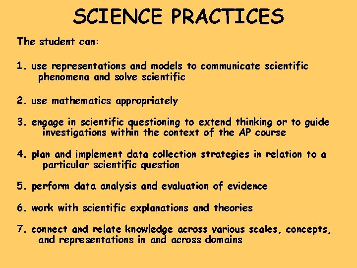 SCIENCE PRACTICES The student can: 1. use representations and models to communicate scientific phenomena