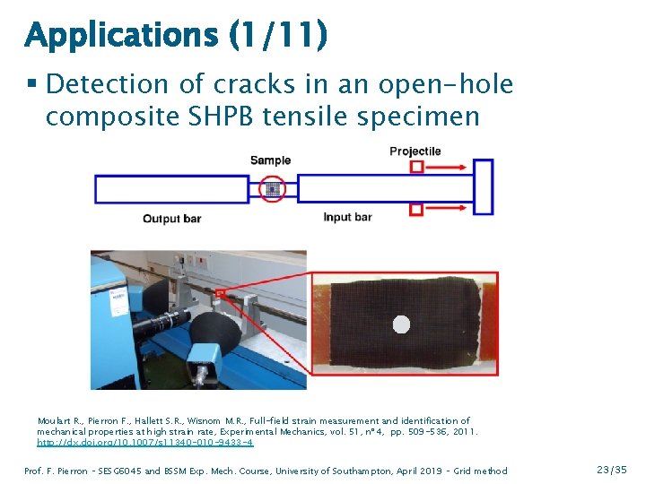 Applications (1/11) § Detection of cracks in an open-hole composite SHPB tensile specimen Moulart