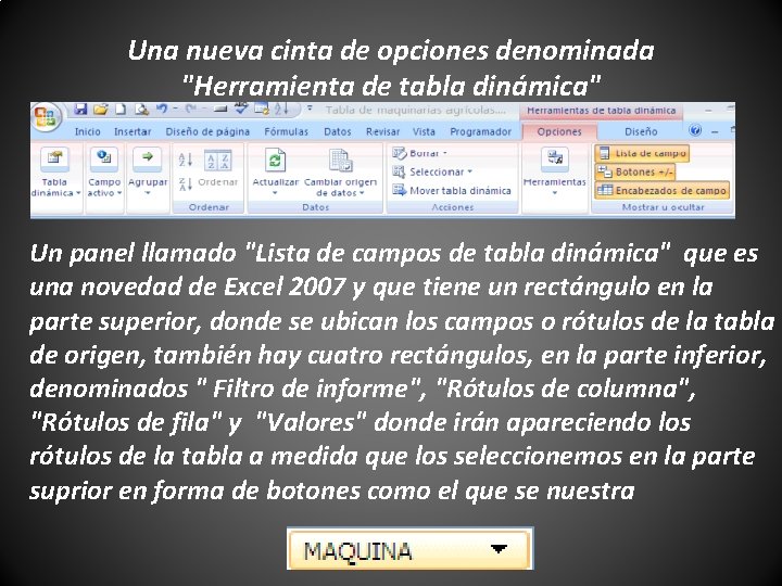 Una nueva cinta de opciones denominada "Herramienta de tabla dinámica" Un panel llamado "Lista