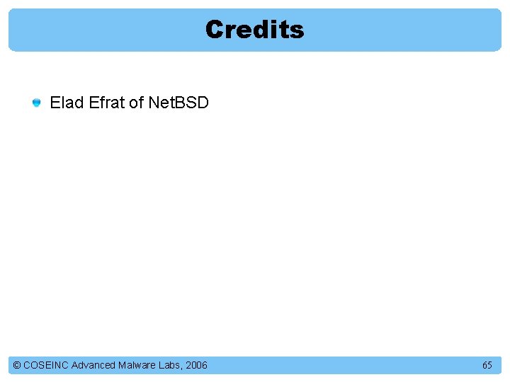 Credits Elad Efrat of Net. BSD © COSEINC Advanced Malware Labs, 2006 65 