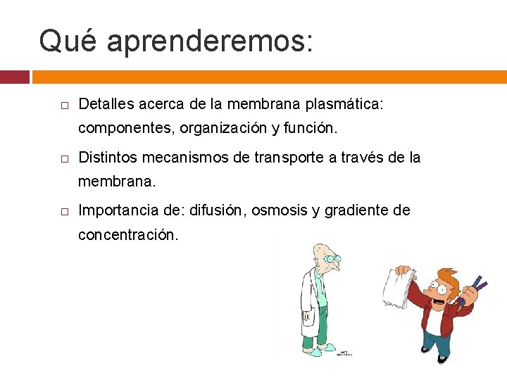 Qué aprenderemos: Detalles acerca de la membrana plasmática: componentes, organización y función. Distintos mecanismos