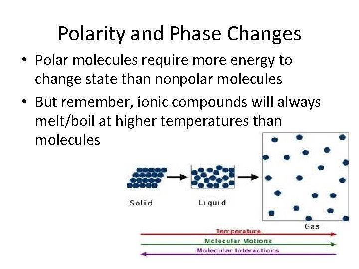 Polarity and Phase Changes • Polar molecules require more energy to change state than