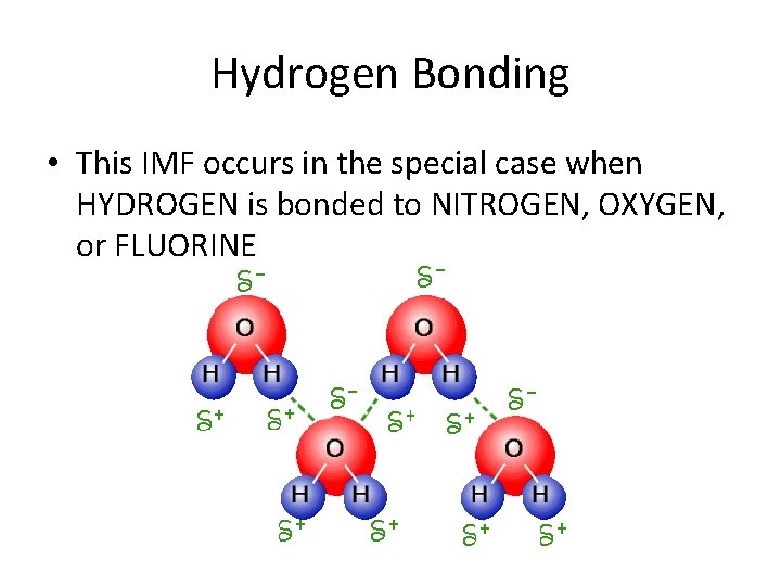 Hydrogen Bonding • This IMF occurs in the special case when HYDROGEN is bonded