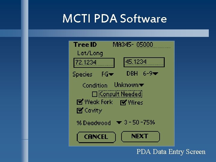 MCTI PDA Software PDA Data Entry Screen 
