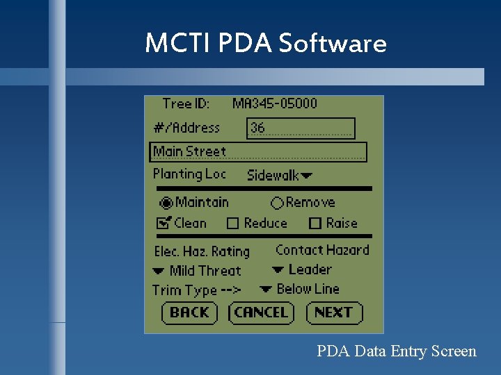 MCTI PDA Software PDA Data Entry Screen 
