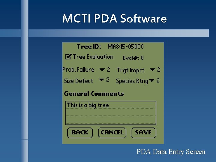 MCTI PDA Software PDA Data Entry Screen 