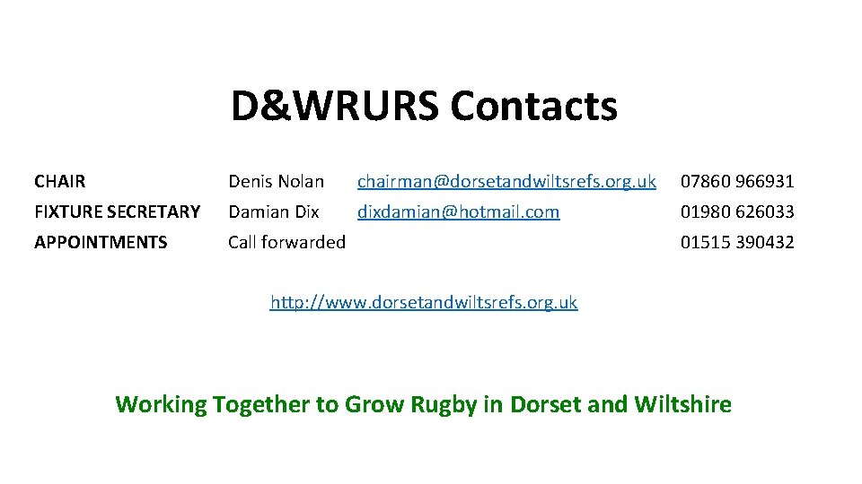 D&WRURS Contacts CHAIR Denis Nolan chairman@dorsetandwiltsrefs. org. uk 07860 966931 FIXTURE SECRETARY Damian Dix