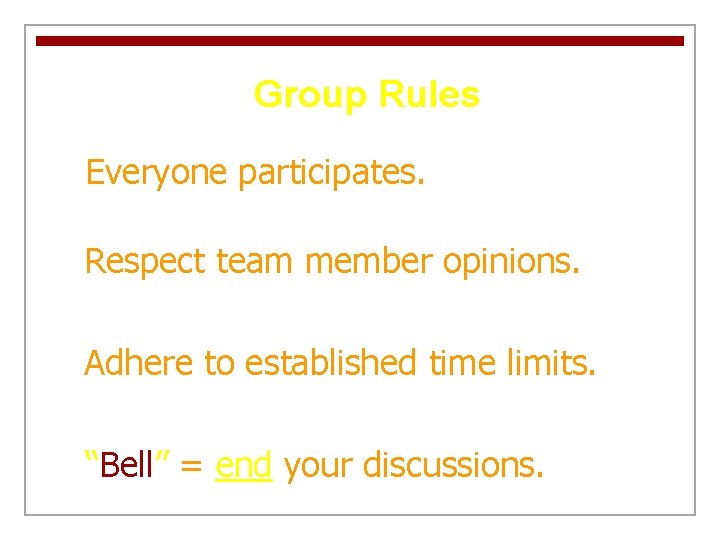 Group Rules 1. Everyone participates. 2. Respect team member opinions. 3. Adhere to established