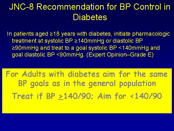 JNC-8 Recommendation for BP Control in Diabetes In patients aged ≥ 18 years with