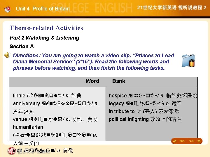 Unit 4 Profile of Britain Theme-related Activities Part 2 Watching & Listening Section A