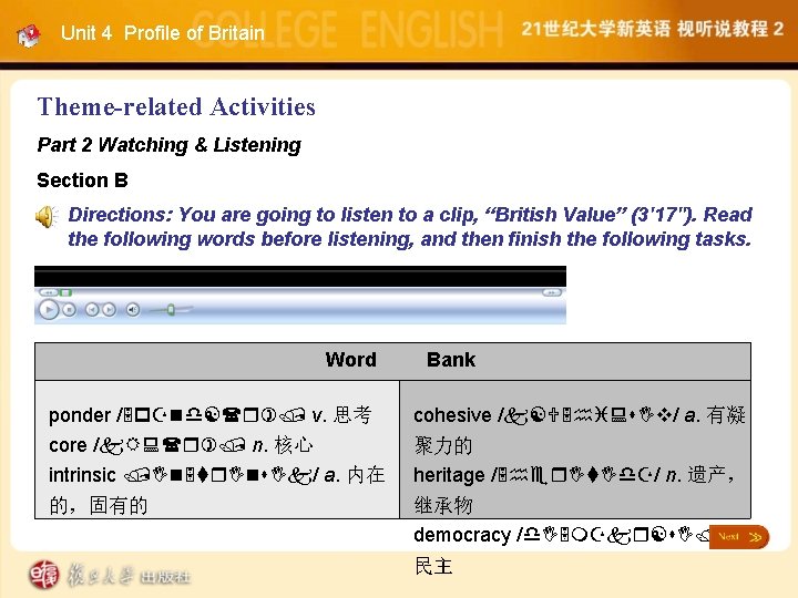 Unit 4 Profile of Britain Theme-related Activities Part 2 Watching & Listening Section B