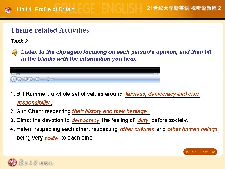 Unit 4 Profile of Britain Theme-related Activities Task 2 Listen to the clip again