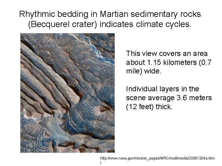 Rhythmic bedding in Martian sedimentary rocks (Becquerel crater) indicates climate cycles. This view covers
