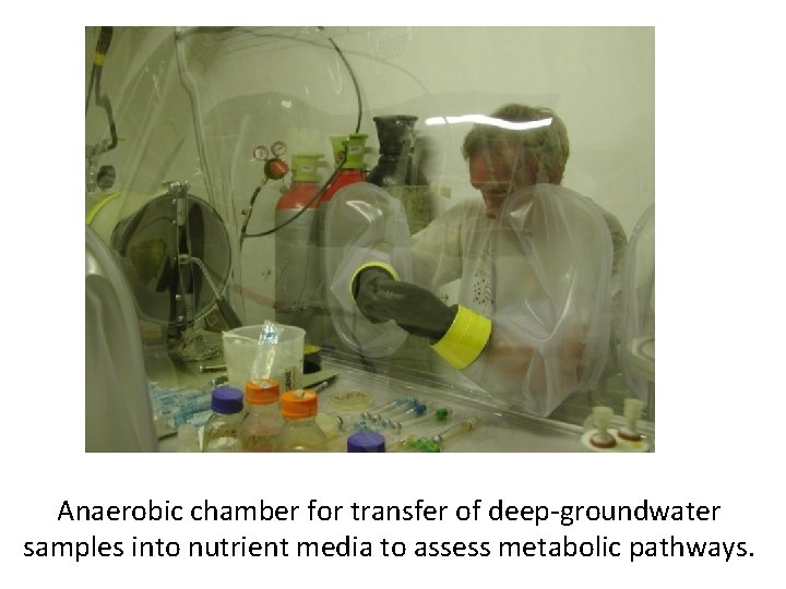 Anaerobic chamber for transfer of deep-groundwater samples into nutrient media to assess metabolic pathways.