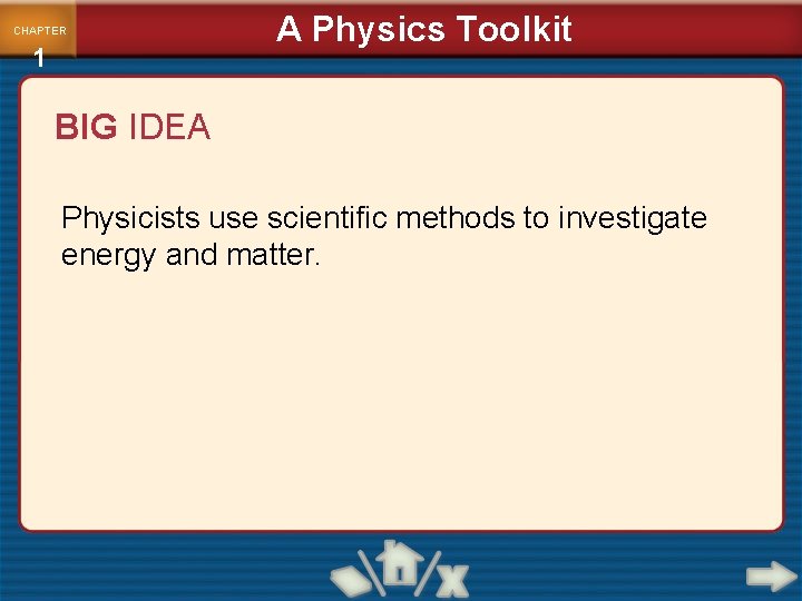 CHAPTER 1 A Physics Toolkit BIG IDEA Physicists use scientific methods to investigate energy