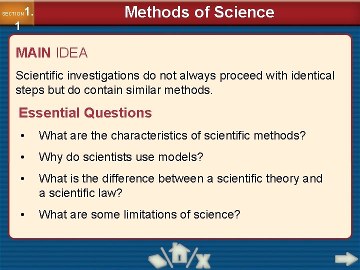 Methods of Science 1. SECTION 1 MAIN IDEA Scientific investigations do not always proceed