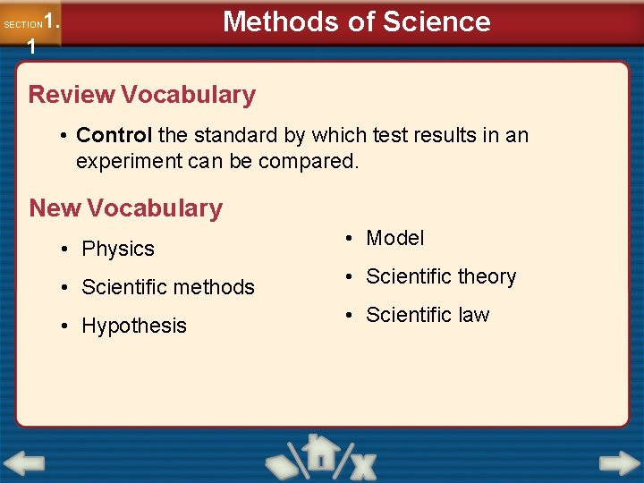 Methods of Science 1. SECTION 1 Review Vocabulary • Control the standard by which