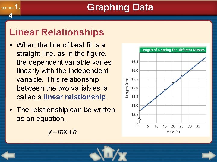 1. SECTION 4 Graphing Data Linear Relationships • When the line of best fit