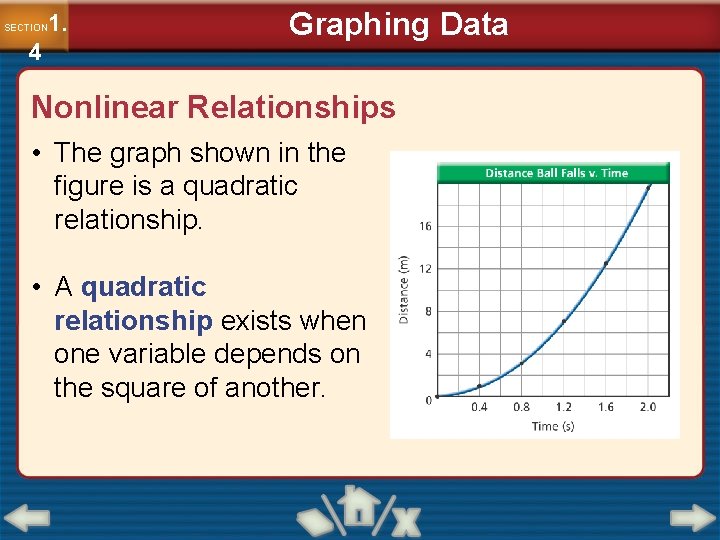 1. SECTION 4 Graphing Data Nonlinear Relationships • The graph shown in the figure