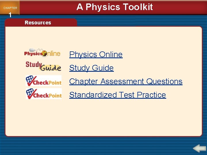 A Physics Toolkit CHAPTER 1 Resources Physics Online Study Guide Chapter Assessment Questions Standardized