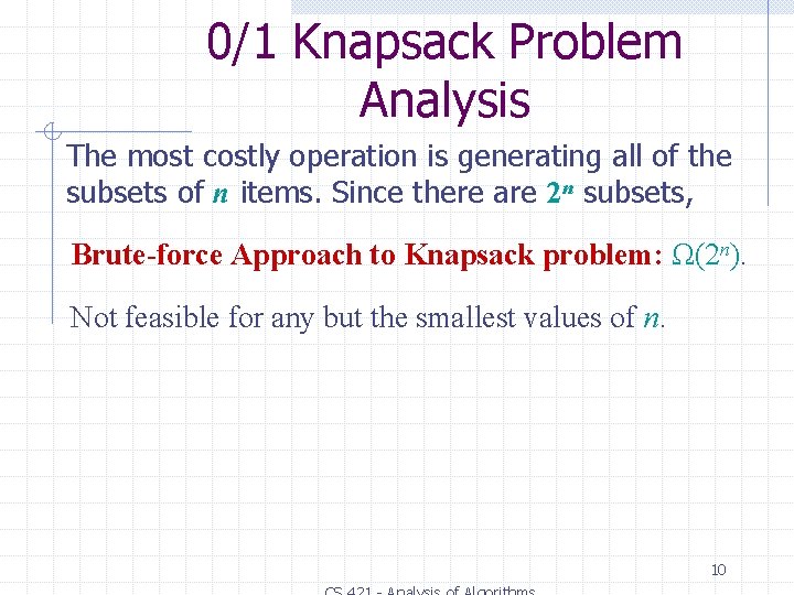 0/1 Knapsack Problem Analysis The most costly operation is generating all of the subsets 0/1 Knapsack Problem Analysis The most costly operation is generating all of the subsets