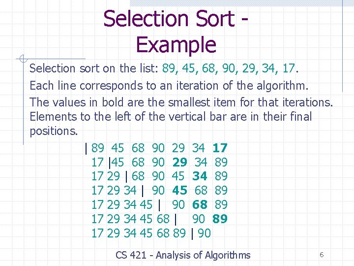 Selection Sort Example Selection sort on the list: 89, 45, 68, 90, 29, 34, Selection Sort Example Selection sort on the list: 89, 45, 68, 90, 29, 34,