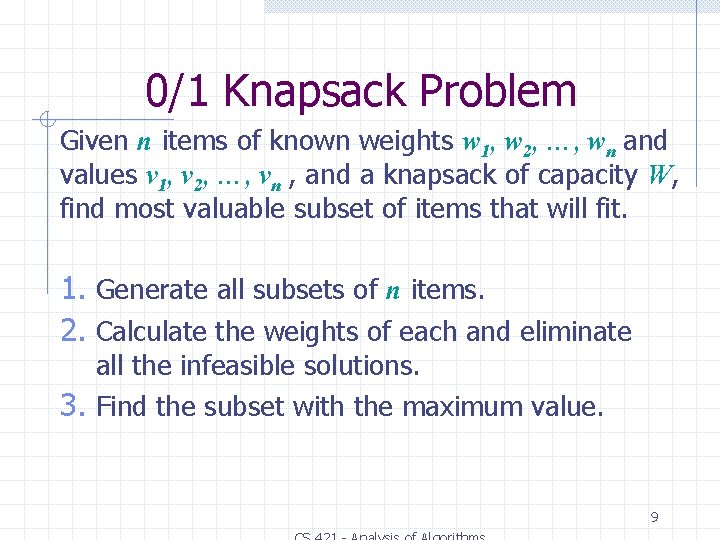 0/1 Knapsack Problem Given n items of known weights w 1, w 2, …, 0/1 Knapsack Problem Given n items of known weights w 1, w 2, …,