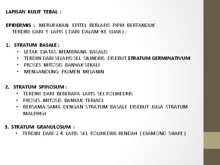 LAPISAN KULIT TEBAL : EPIDERMIS : MERUPAKAN EPITEL BERLAPIS PIPIH BERTANDUK TERDIRI DARI 5