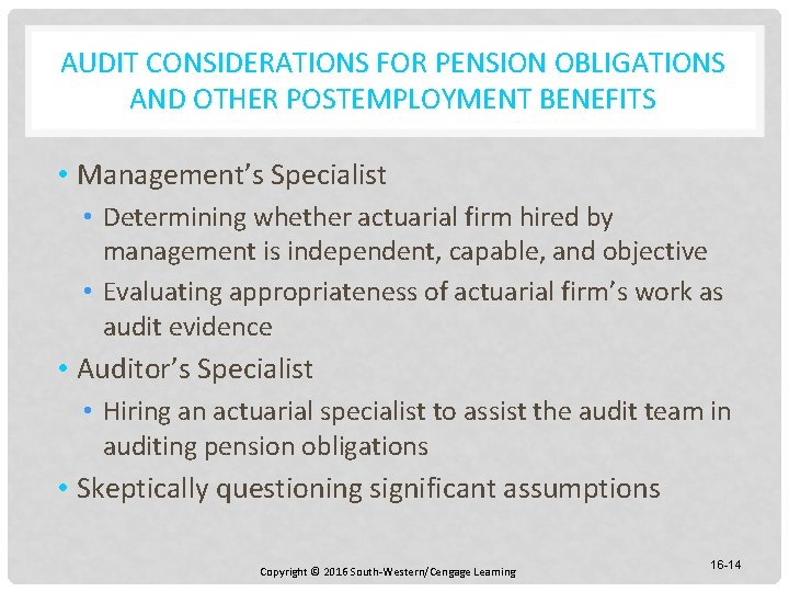 AUDIT CONSIDERATIONS FOR PENSION OBLIGATIONS AND OTHER POSTEMPLOYMENT BENEFITS • Management’s Specialist • Determining