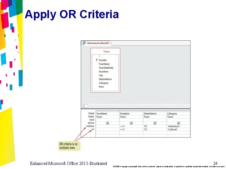 Apply OR Criteria Enhanced Microsoft Office 2013 -Illustrated 24 © 2016 Cengage Learning®. May