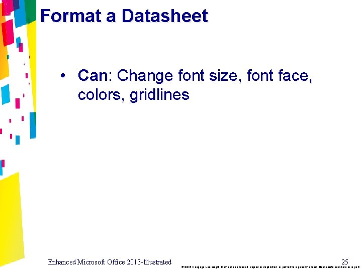 Format a Datasheet • Can: Change font size, font face, colors, gridlines Enhanced Microsoft