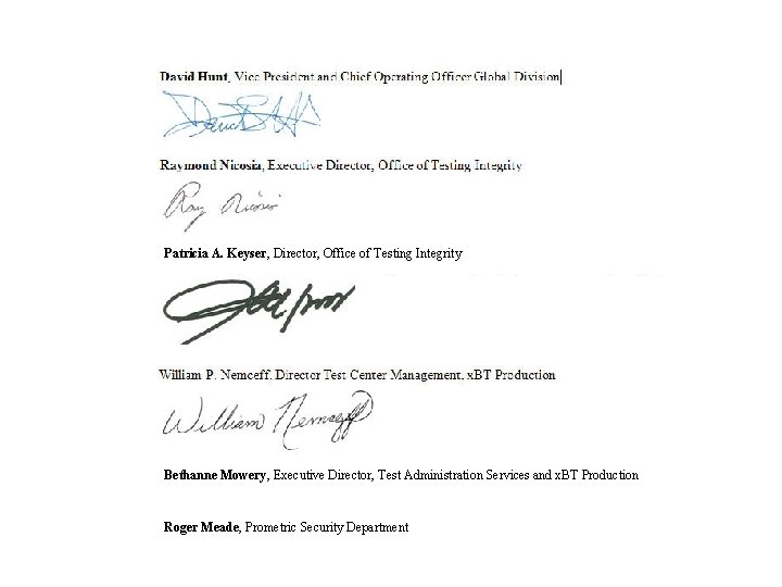 Patricia A. Keyser, Director, Office of Testing Integrity Bethanne Mowery, Executive Director, Test Administration