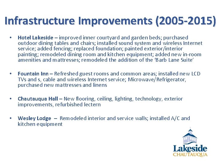 Infrastructure Improvements (2005 -2015) • Hotel Lakeside – improved inner courtyard and garden beds;