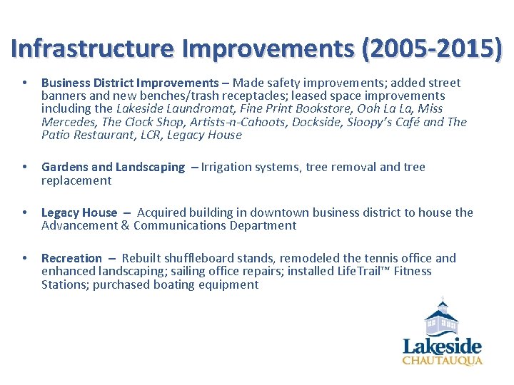 Infrastructure Improvements (2005 -2015) • Business District Improvements – Made safety improvements; added street