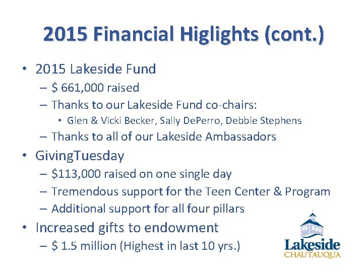 2015 Financial Higlights (cont. ) • 2015 Lakeside Fund – $ 661, 000 raised