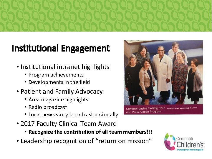 Institutional Engagement • Institutional intranet highlights • Program achievements • Developments in the field