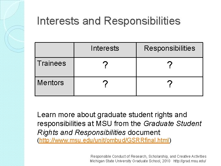 Interests and Responsibilities Interests Responsibilities Trainees ? ? Mentors ? ? Learn more about