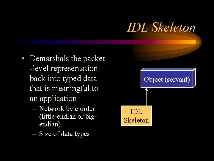 IDL Skeleton • Demarshals the packet -level representation back into typed data that is