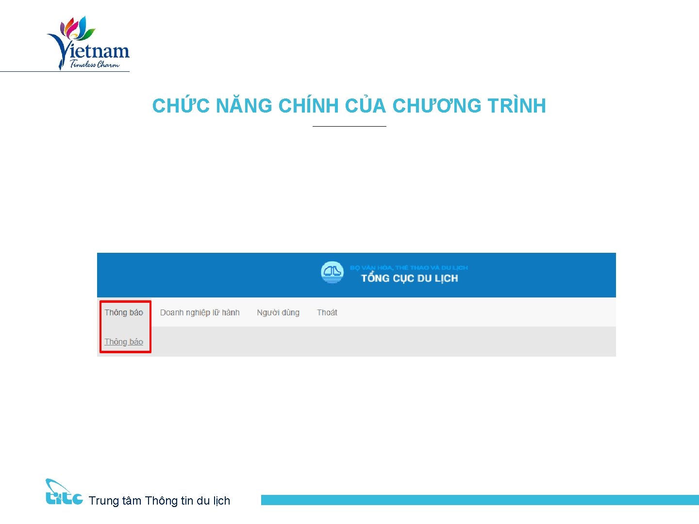 CHỨC NĂNG CHÍNH CỦA CHƯƠNG TRÌNH Trung tâm Thông tin du lịch 14 