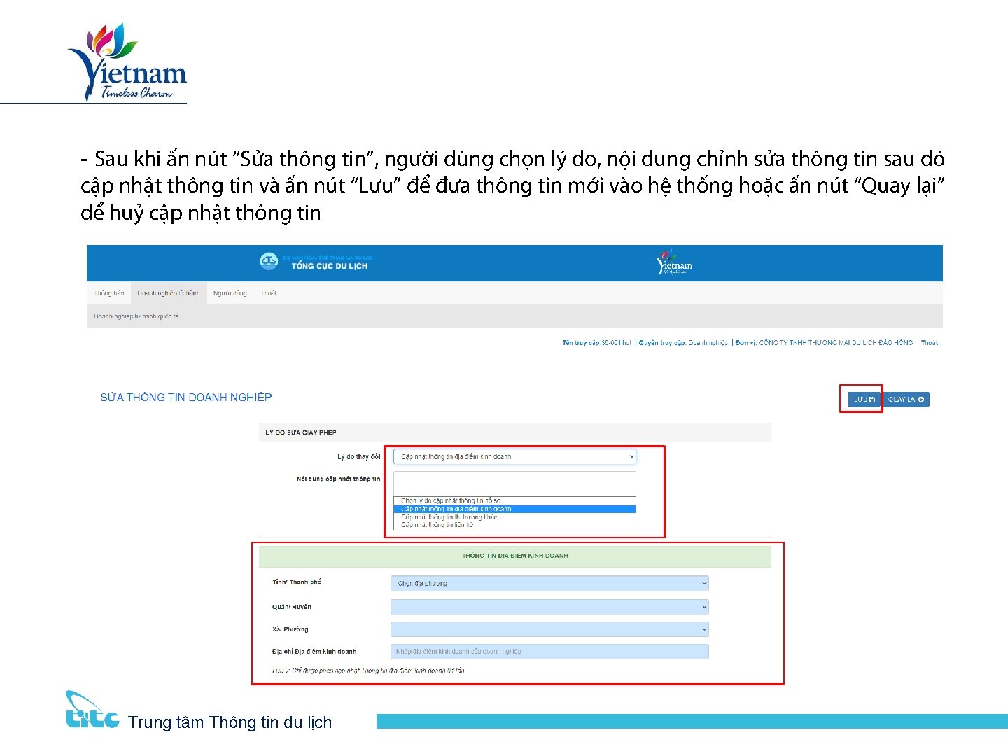 - Sau khi ấn nút “Sửa thông tin”, người dùng chọn lý do, nội