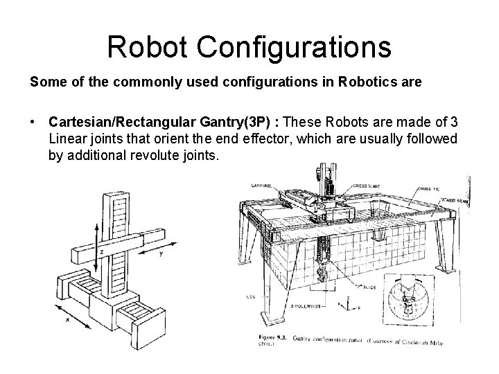 Robot Configurations Some of the commonly used configurations in Robotics are • Cartesian/Rectangular Gantry(3