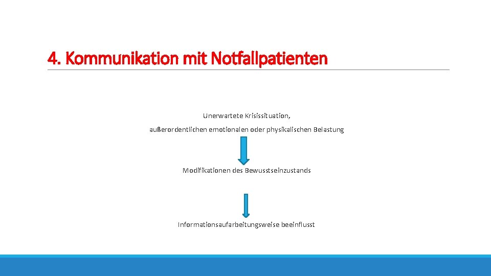 4. Kommunikation mit Notfallpatienten Unerwartete Krisissituation, außerordentlichen emotionalen oder physikalischen Belastung Modifikationen des Bewusstseinzustands