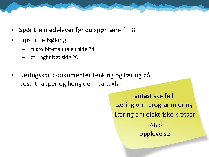  • Spør tre medelever før du spør lærer’n • Tips til feilsøking –